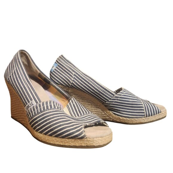 Toms Womens 7.5 Blue & White Striped Canvas Espadrille Peep Toe Wedge Heels - Picture 2 of 7